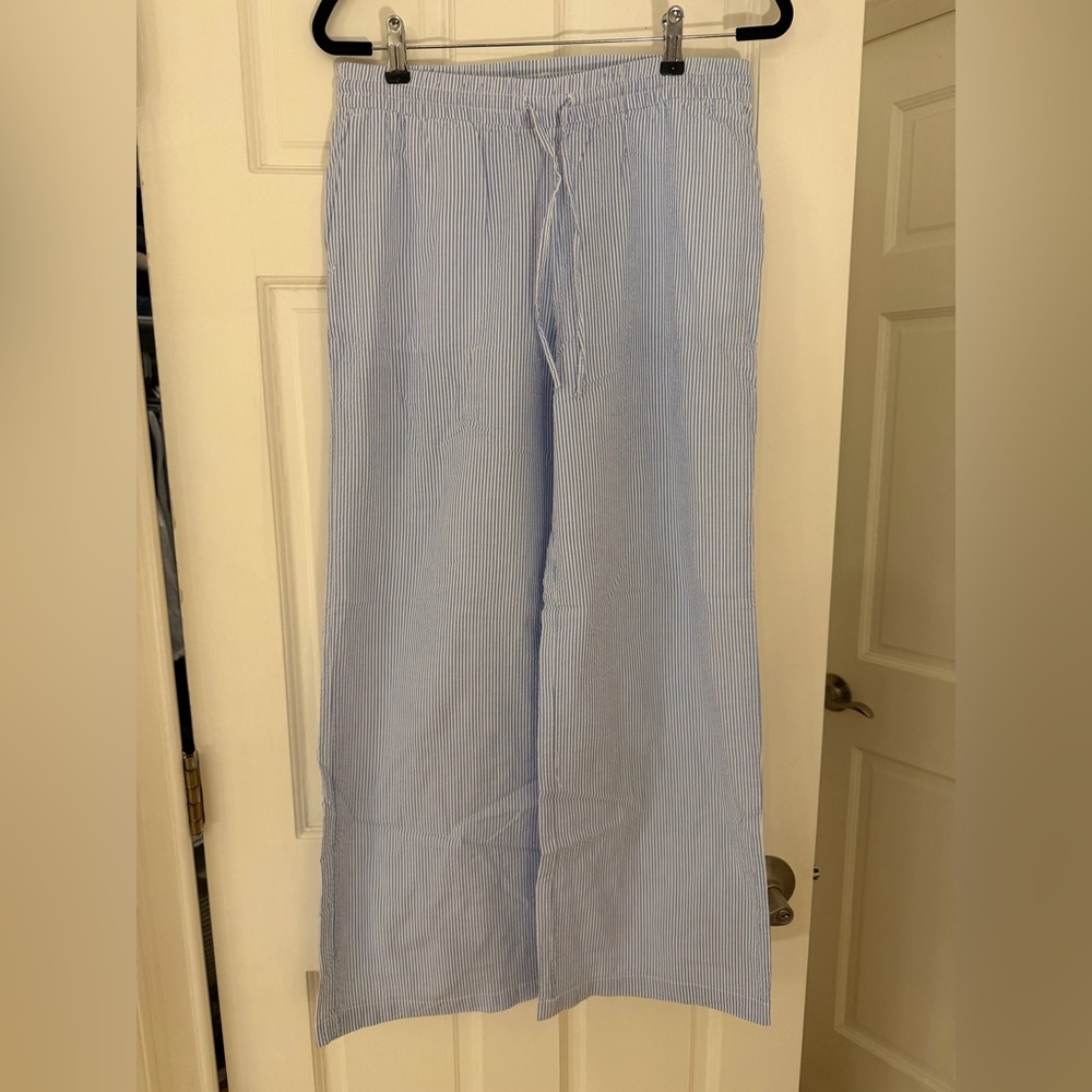 Blue Striped Seersucker Wide Leg Pants